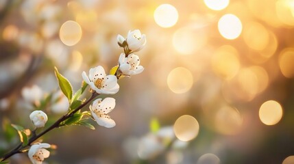 White flower bud branch on a dreamy background with bokeh lights capturing the essence of a summer flower meadow in nature