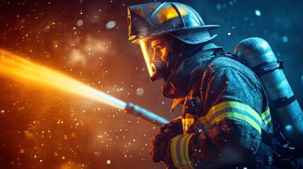 A firefighter battling flames with a hose, showcasing courage and determination.