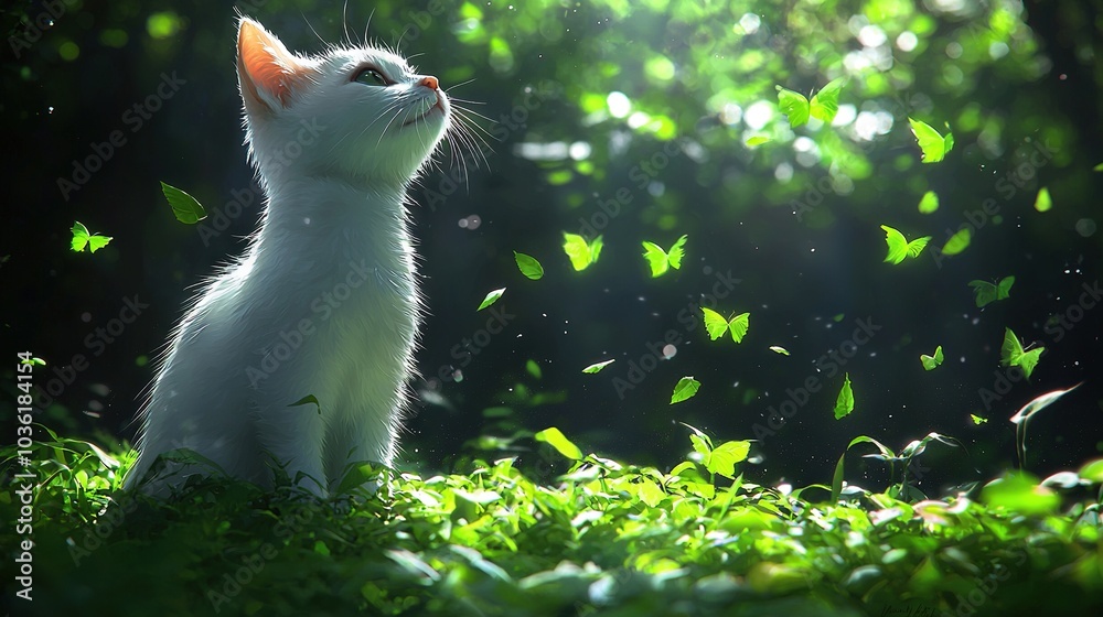 Wall mural   A white cat sits atop a verdant grass field adjacent to a wooded area teeming with emerald butterflies