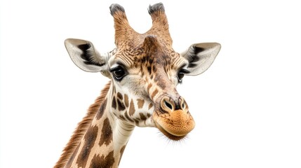 Fototapeta premium Close up view of a giraffe s head isolated on a white background