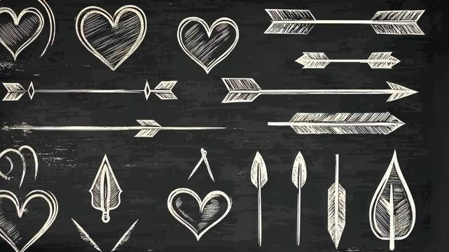 Hand-drawn arrows, hearts, and leaves on a chalkboard