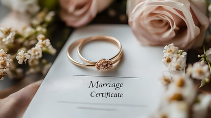 Wedding rings on marriage certificate with roses
