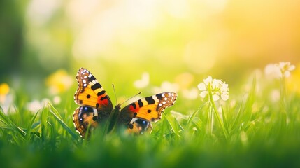 Obraz premium Butterfly in a vibrant meadow during spring Soft focus background with ample space for text