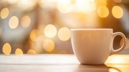 Close up of a white coffee cup against a blurred bokeh background