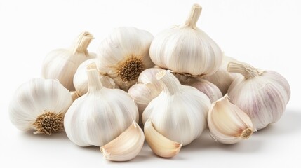 Fresh garlic bulbs separated and featured on a plain white backdrop