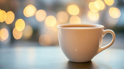 Fototapeta premium Close up of a white coffee cup against a blurred bokeh background