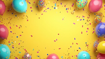 Vibrant birthday celebration frame featuring balloons and confetti on a yellow backdrop perfect for announcements and decorative purposes