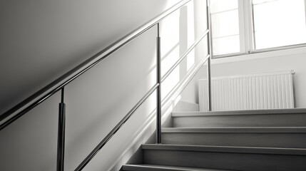 Metal handrails on a staircase with a clean flight of steps and a radiator nearby