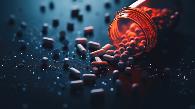 Open pill bottle with scattered pills representing the issues of substance misuse and addiction
