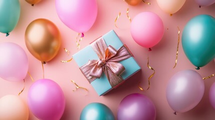 Flat lay of a gift box bursting with balloons for a 50th birthday celebration