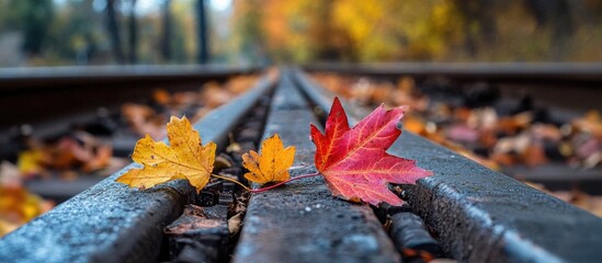 Autumn Leaves Lying On The Rail With Autumn Colors