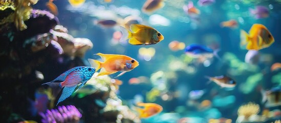 Fototapeta premium Clear Aquarium With A Lot Of Colorful Fishes And Without Decor And Little Stones School Of Fish Swimming Close Up View Home Underwater Pets