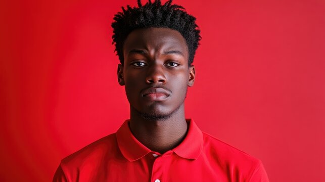 Young African American male student gazing at the camera dressed in a red shirt against a solid red backdrop His expression conveys nervousness and disapproval highlighting social issues of hunger