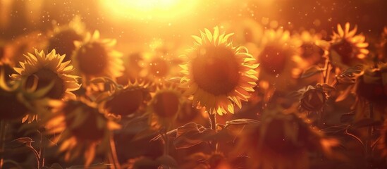 Fototapeta premium Beautiful Field Of Blooming Sunflowers Against Sunset Golden Light And Blurry Soft Ten Sunflower Field Natural Background