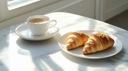 A contemporary breakfast setup featuring two croissants and a cup of coffee on a white plate arranged on a marble table exuding elegance and minimalism