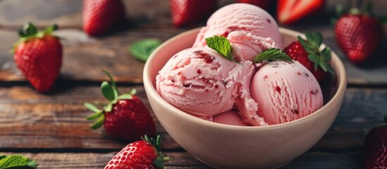 Strawberry Ice Cream In Bowl On Wood Table