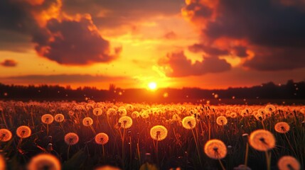 Stunning sunset over a dandelion field