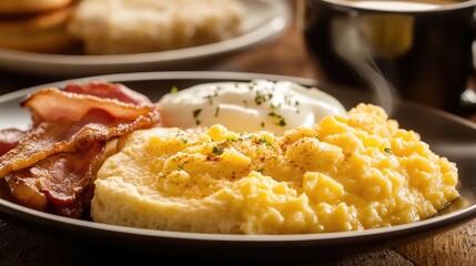 A classic Southern breakfast featuring biscuits and gravy fluffy scrambled eggs crispy bacon and a side of grits paired with a steaming cup of coffee