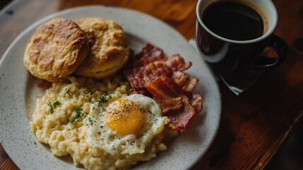 A classic Southern breakfast featuring biscuits and gravy fluffy scrambled eggs crispy bacon and a side of grits paired with a steaming cup of coffee