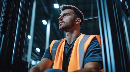 Young forklift operator seated in a warehouse vehicle Male employee wearing a reflective vest