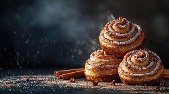 Cruffins Buns From Yeast Dough Dark Background Mystical Light Cinnamon Craffin Cinnabon Mix Of Croissant And Muffin
