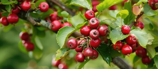 Obraz premium Red Hawthorn Berries On The Branches Of A Tree