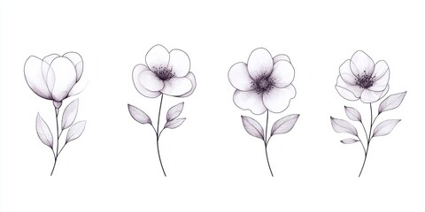 Naklejka premium Monochrome floral sketches, black and white botanical art, minimalistic flower illustrations, detailed line art, artistic design, hand-drawn leaves, elegant decor, copy space. 