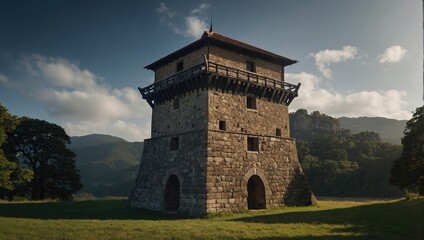 An impressive archer tower set against a blue sky creates a stunning visual contrast