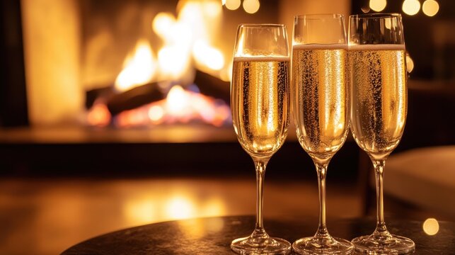 Champagne glasses rest on a table in front of a glowing fireplace creating a warm and inviting atmosphere for a festive celebration