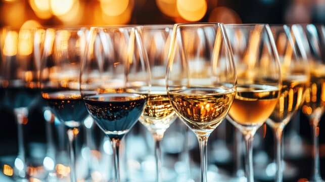 Wine glasses arranged in a row on a buffet table showcasing a wine tasting event Ideal for themes of nightlife celebration and entertainment Wide banner format