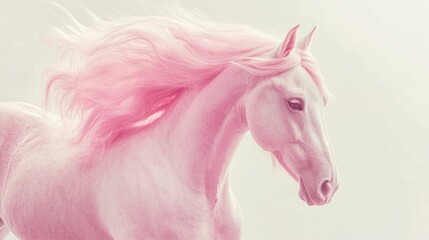 Soft pink horse featuring a fluffy tail and mane against a white backdrop