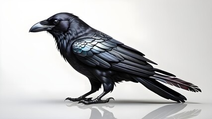 Fototapeta premium a crow with highly detailed, reflective feathers, where each feather shows a slight variation in color based on light and shadow.