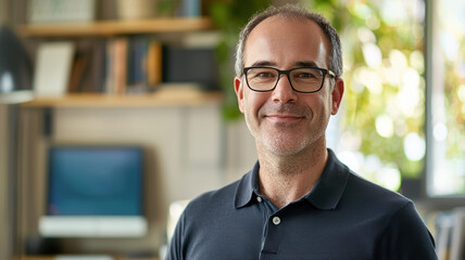 Portrait of a cheerful middle-aged man with glasses, wearing a polo shirt, standing in his home office, looking warmly into the camera
