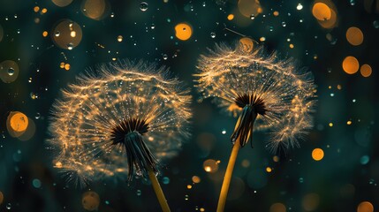 Dandelion seeds reflected in a mirror against a dark green backdrop adorned with sparkling dew drops and a beautiful golden bokeh Perfect for wallpaper and design templates