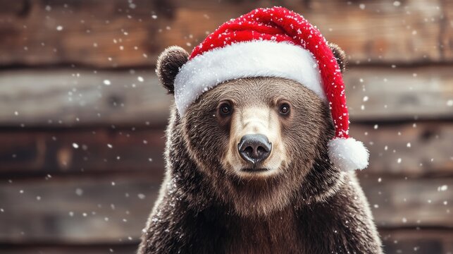 Festive Bear in Santa Hat Embracing the Holiday Spirit with a Unique Grizzly Touch