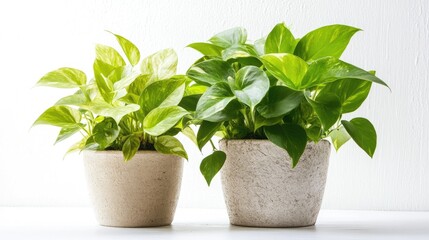 Obraz premium Two golden pothos house plants in pots on a white background