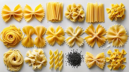 Artistic arrangement of various pasta shapes including bowtie, rigatoni, and penne isolated on a bright white background