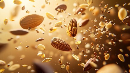   A group of nuts flying through the air against a yellow-brown background Water drips from their bottom