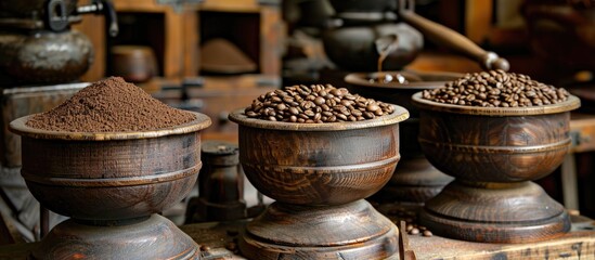 Grinding Coffee Beans With Antique Wooden Mortars