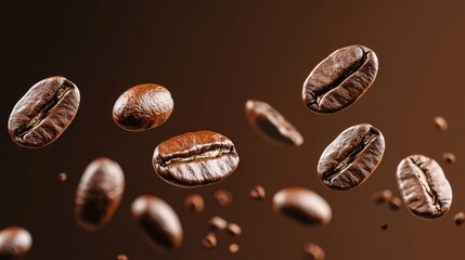  Coffee beans floating mid-air, spewing more beans beneath, set against a rich earthy backdrop