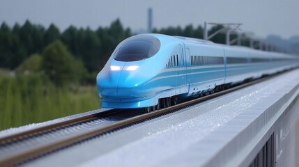 Naklejka premium A sleek blue high-speed train traveling on elevated tracks through a green landscape.