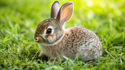 Fototapeta premium Cute domestic rabbit in a lush green meadow showcasing adorable wildlife often found as a beloved pet on farms