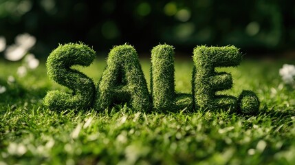 Green grass shaped into the word SALE symbolizing discounts A promotional design for social media ideal for spring or shopping events focused on eco friendliness