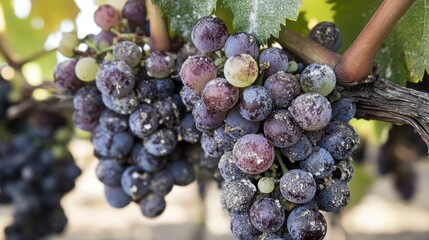 Grapes on the vine deteriorate and decay as a result of white mold and mildew