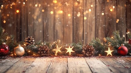Festive Christmas and Advent backdrop featuring a corner border of ornaments fir branches stars pine cones and bokeh lights against a rustic wood surface