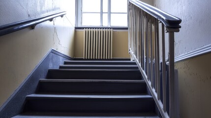 Metal handrails on a staircase with a clean flight of steps and a radiator nearby