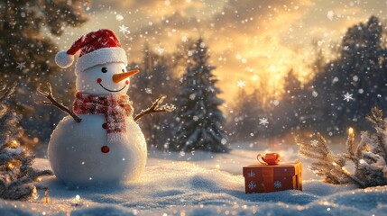 Obraz premium Winter solstice with a snowy backdrop featuring a snowman and a gift box capturing the essence of the festive season
