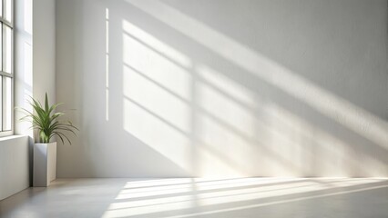 Fototapeta premium Empty white room with sunlight casting geometric shadows from window on wall