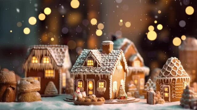 Christmas gingerbread houses on wooden table with bokeh background and snowfall. Pastries in the form of houses. Festive scene with holiday pastries. Christmas and New Year background.