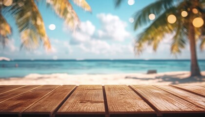 Fototapeta premium Sunlit wooden deck overlooking a tranquil beach with palm trees and blue ocean waves